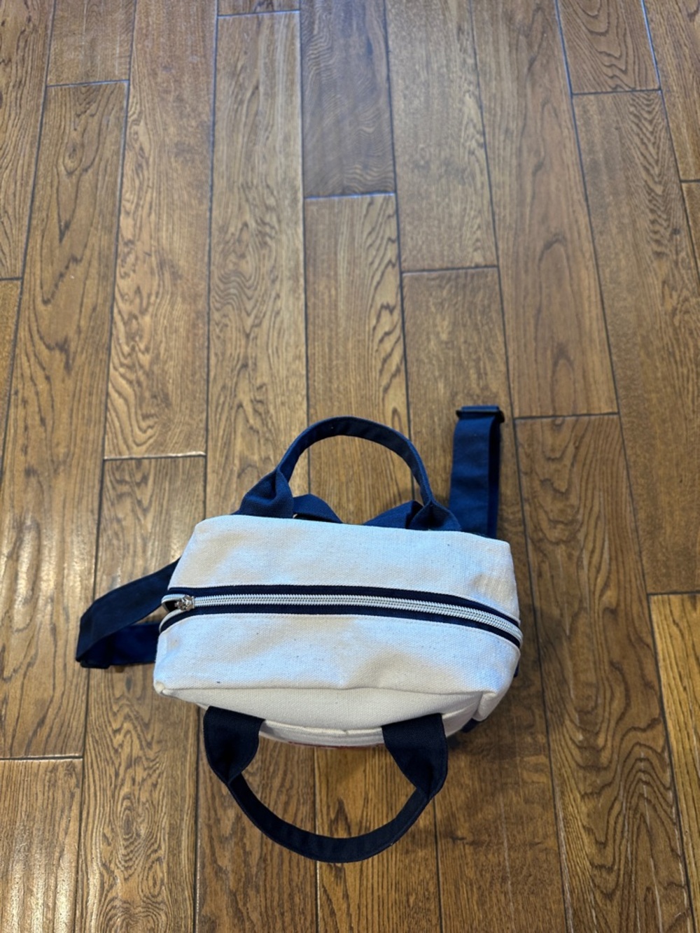 Trader Joes Cream and Navy Canvas mini Backpack Tote hard to find - Picture 3 of 3